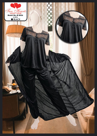 2 Hearts Silk Night suit for women Black (Model JE-8036)