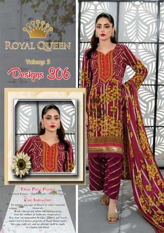 Pack Of 3 Royal Queen Women Unstitched 3 Piece Printed Suit