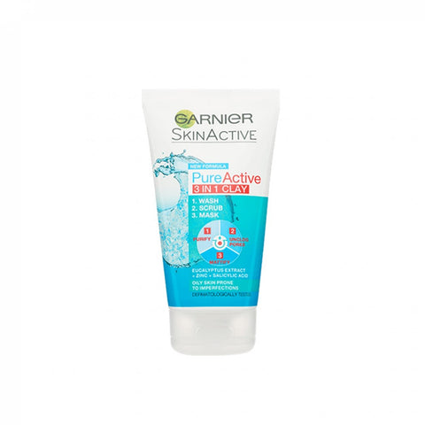 Garnier Pure Active 3 In 1 Clay Mask Scrub Wash Oily Skin 150ml